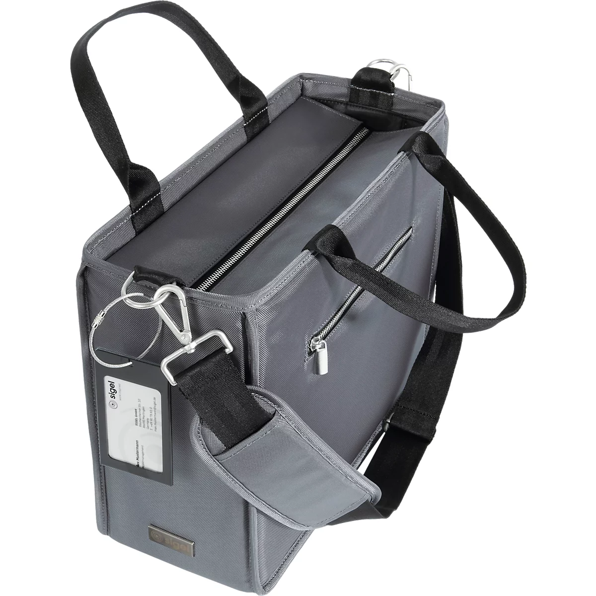 Serviette grise avec bandoulière noire. Le sac est ouvert, révélant la doublure intérieure.