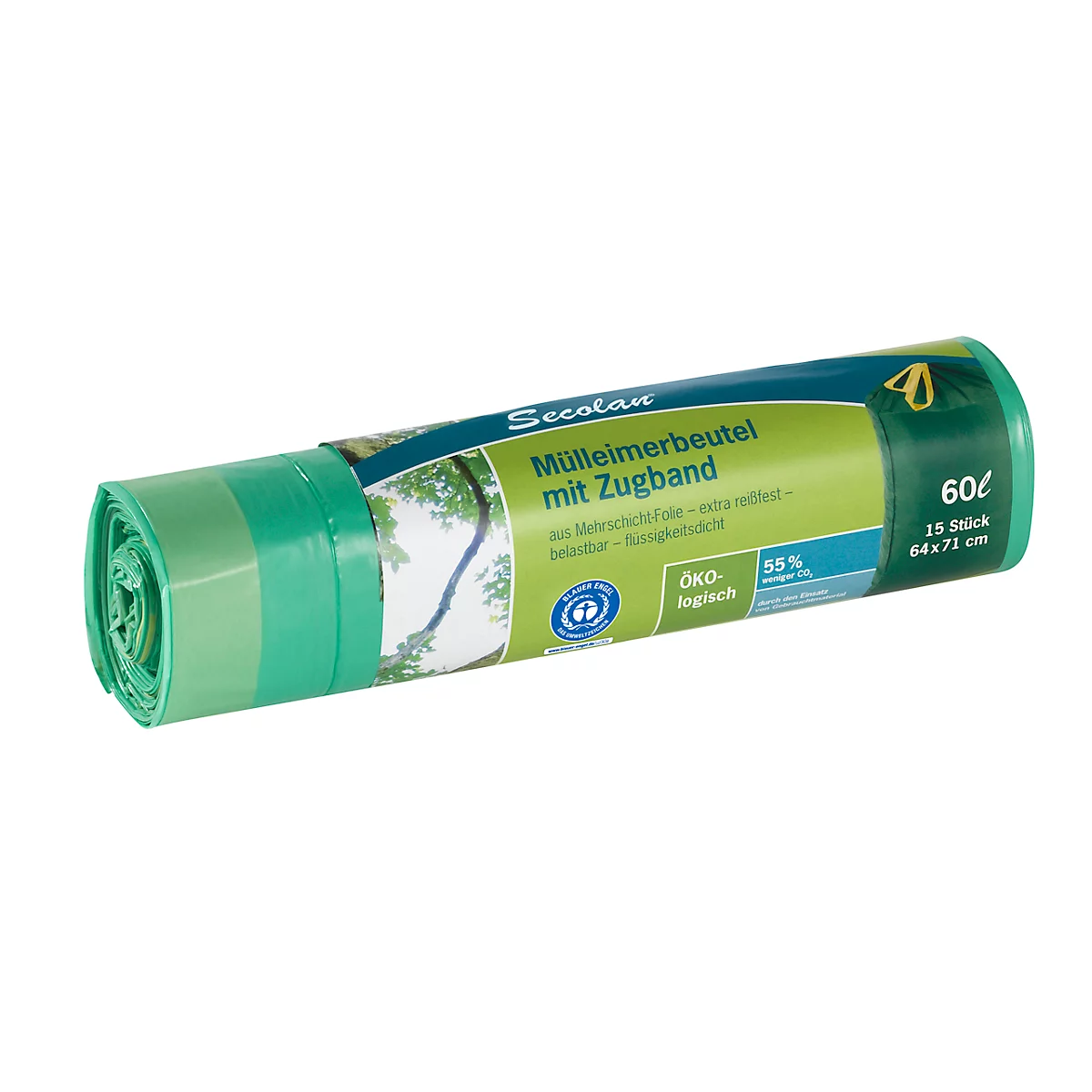 Sacs à poubelle écologiques Secolan®, avec cordon, 60 L, vert, 15 p.