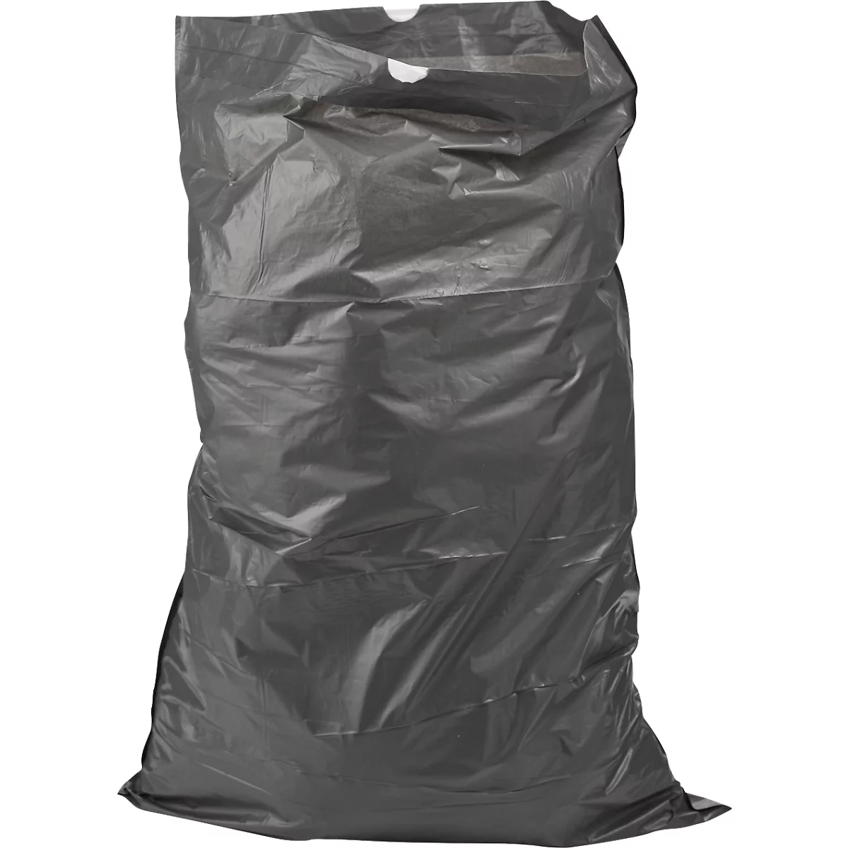 Sac poubelle gris sur fond blanc. Le sac est rempli, légèrement froissé.