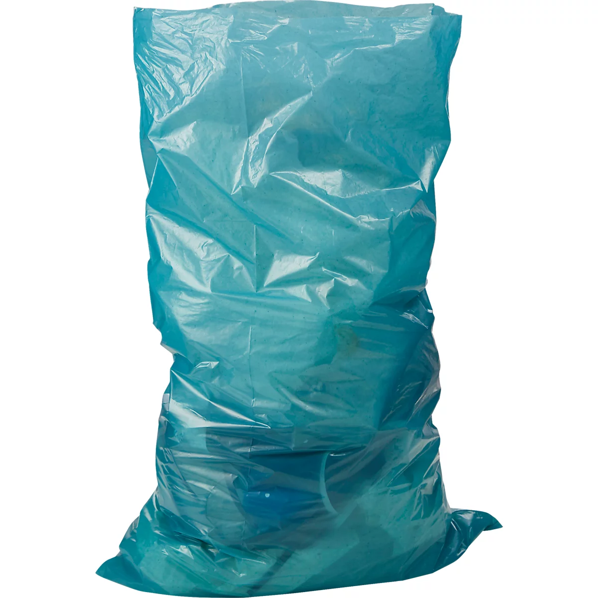 Un sac poubelle bleu turquoise, légèrement froissé, sur fond blanc.