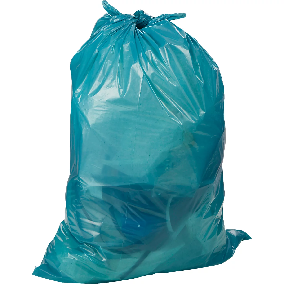 Sac poubelle bleu clair, noué en haut.