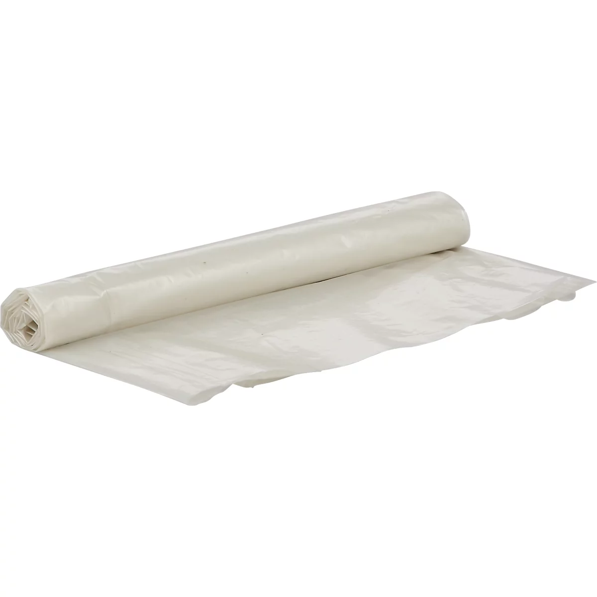 Rouleau de plastique blanc transparent, partiellement déroulé.