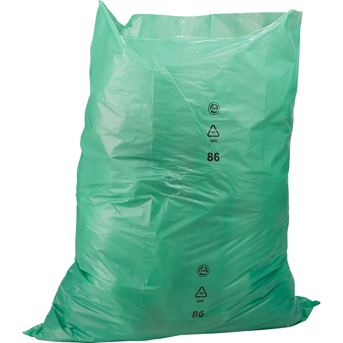 Sac poubelle vert, légèrement froissé, avec des impressions de symboles de recyclage et le chiffre 86.