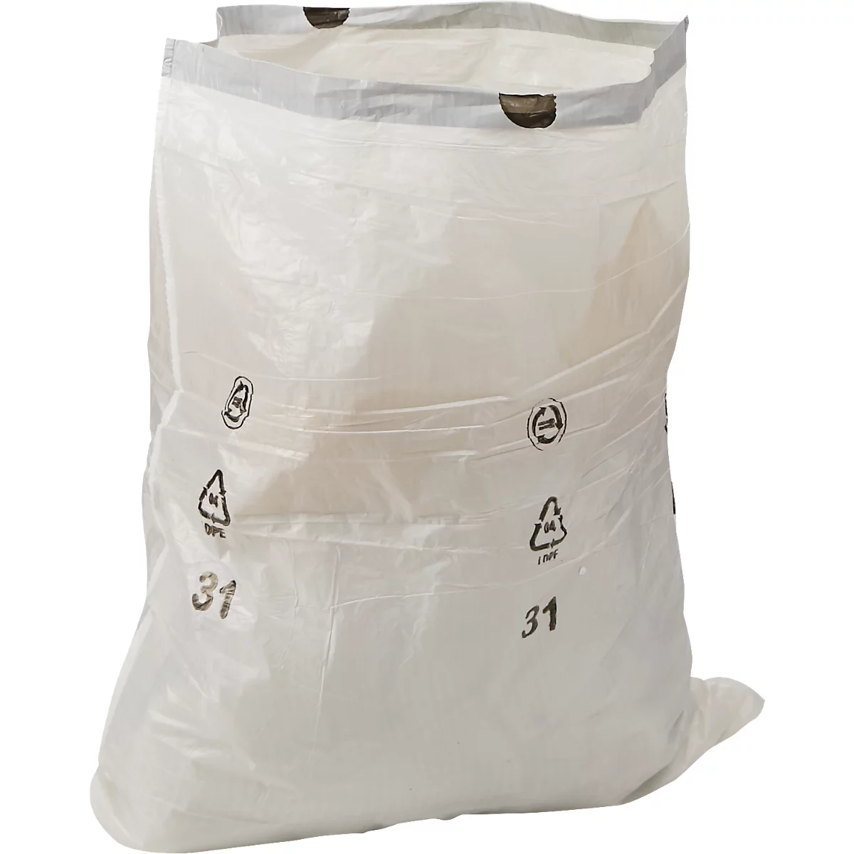 Sac poubelle en plastique transparent, symboles de recyclage et le numéro 31 sont imprimés.