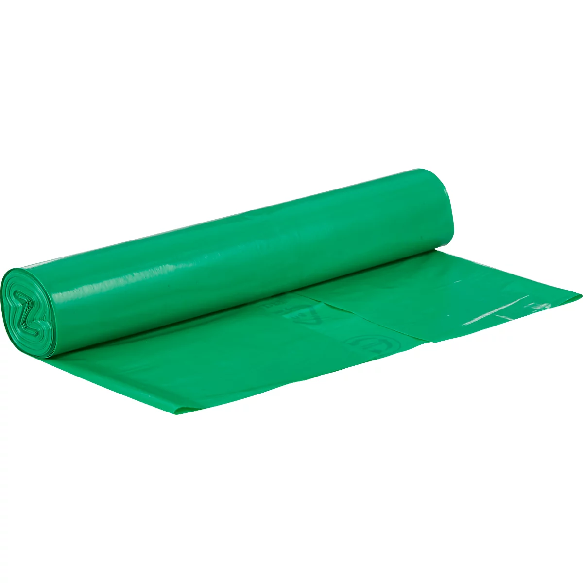 Feuille de plastique verte, enroulée et partiellement étalée.