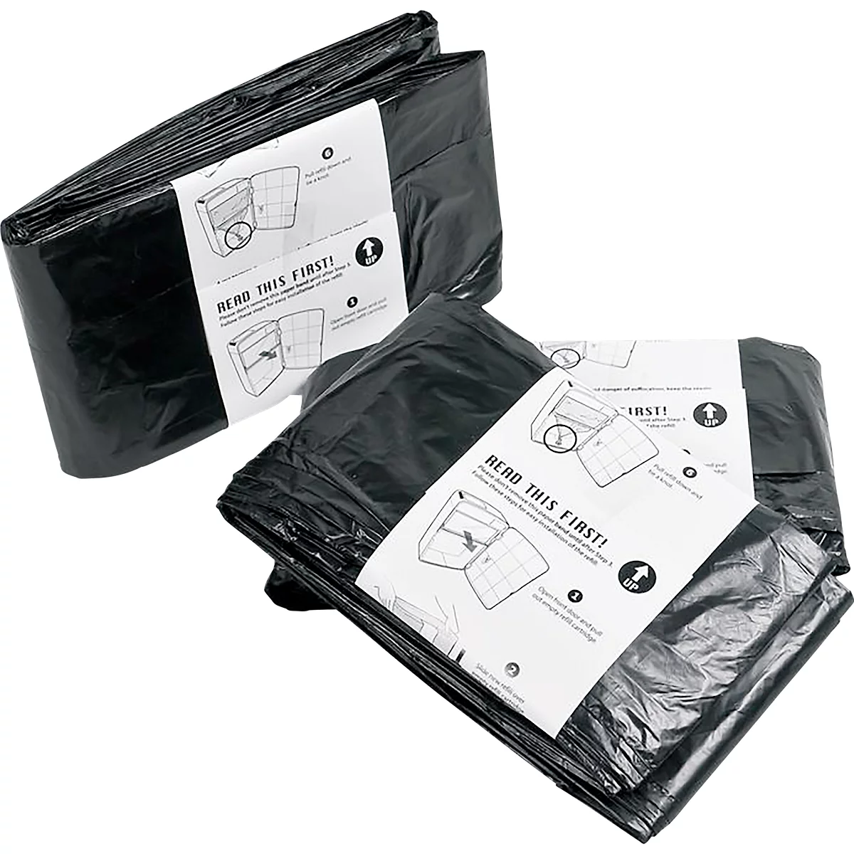 Paquets de sacs poubelles noirs avec note d'instruction 'READ THIS FIRST!'