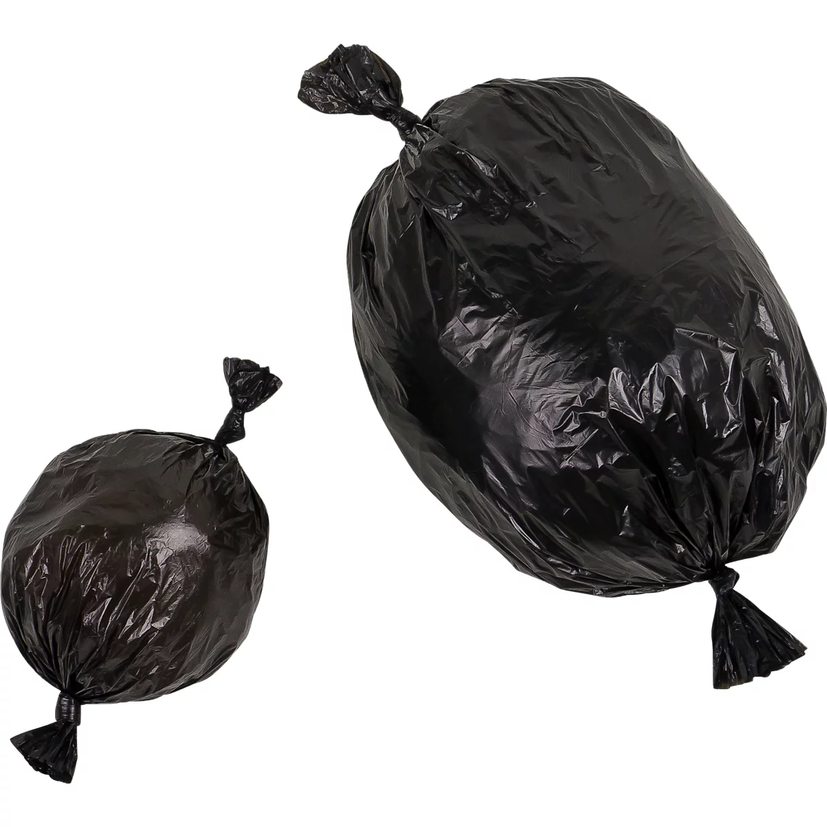 Deux sacs poubelles noirs, un petit et rond, l'autre plus grand et ovale, tous deux avec des extrémités nouées.