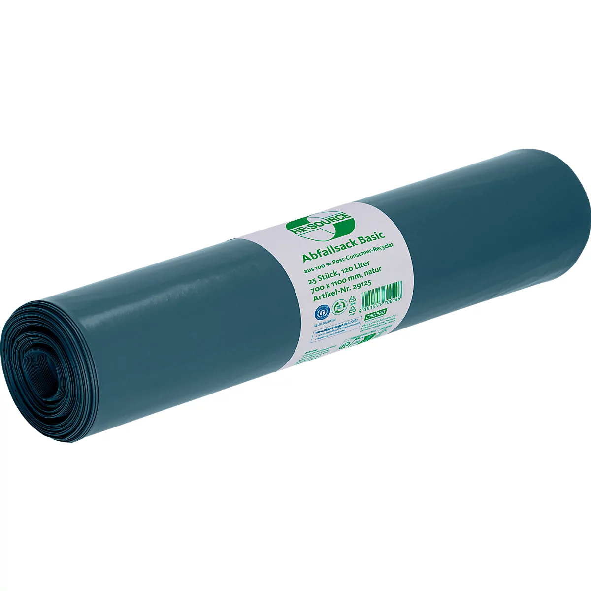 Sacs poubelle Strong de Deiss, 100% PCR LDPE recyclé, 120 litres, particulièrement résistants à la déchirure, L 700 x H 1100 mm, naturel, 31 µm, 250 pièces