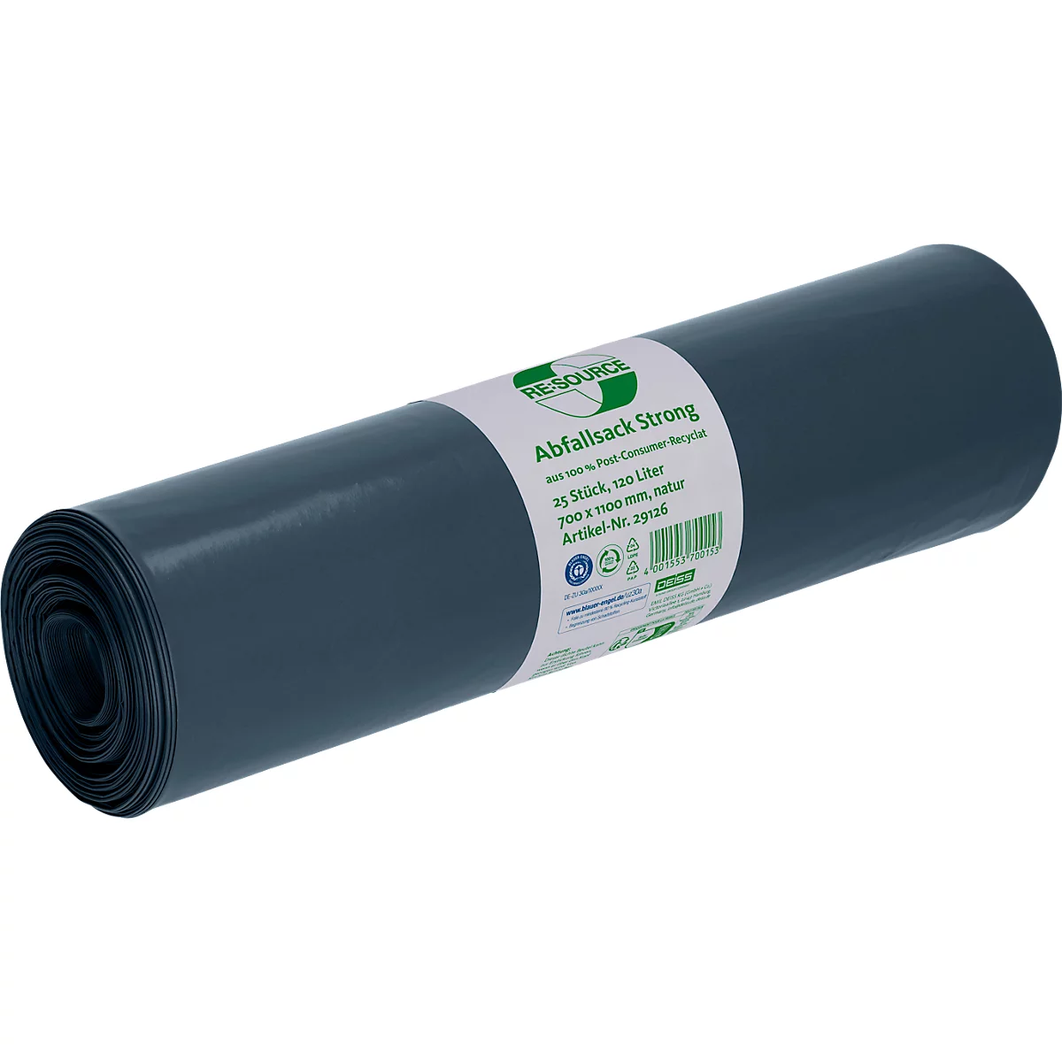 Sacs poubelle Strong de Deiss, 100% PCR LDPE recyclé, 120 litres, particulièrement résistants à la déchirure, L 700 x H 1100 mm, naturel, 60 µm, 200 pièces