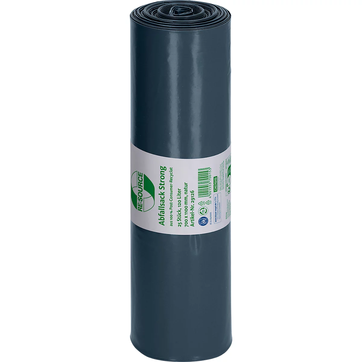 Sacs poubelle Strong de Deiss, 100% PCR LDPE recyclé, 120 litres, particulièrement résistants à la déchirure, L 700 x H 1100 mm, naturel, 60 µm, 200 pièces