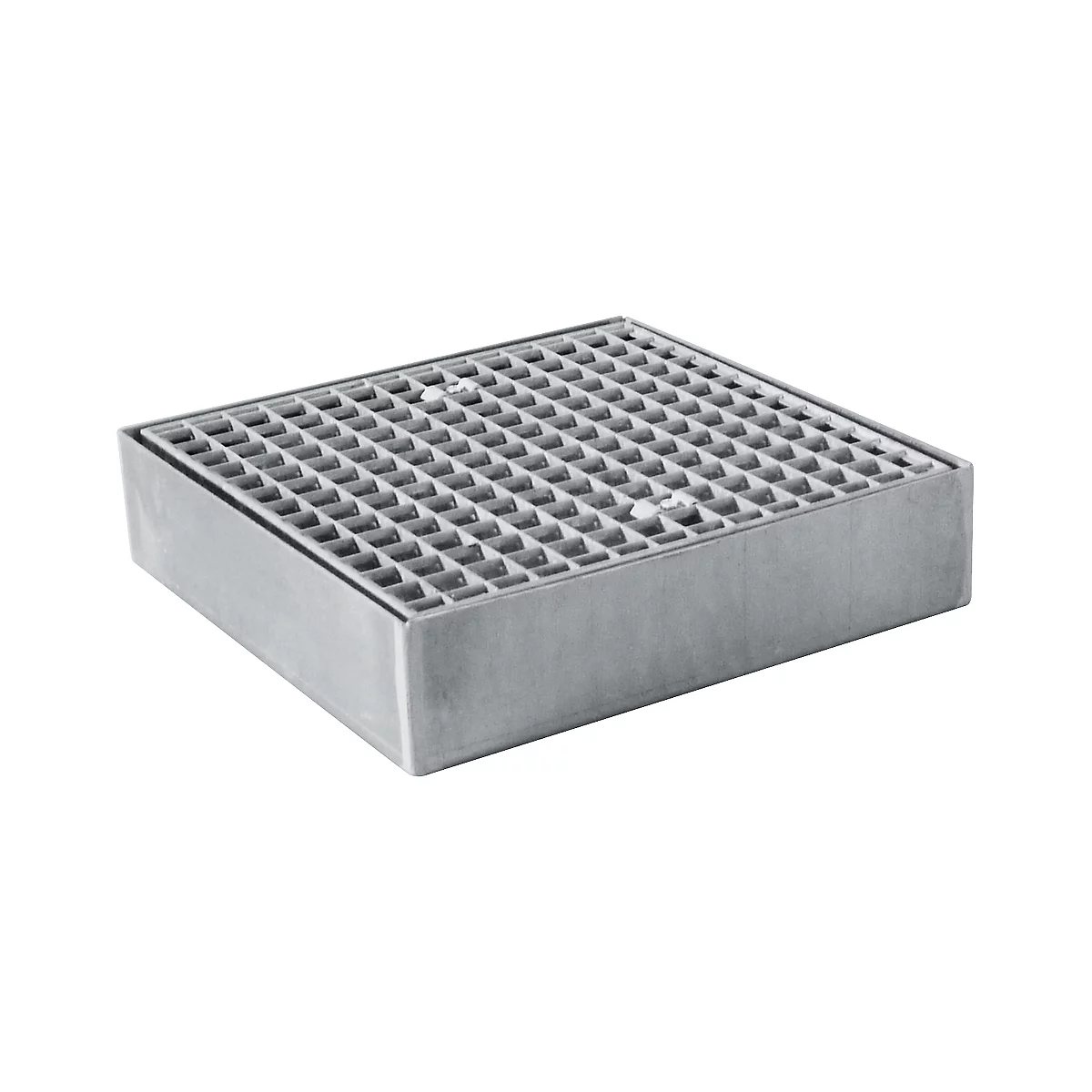 Square metal grid, gray, with square openings.