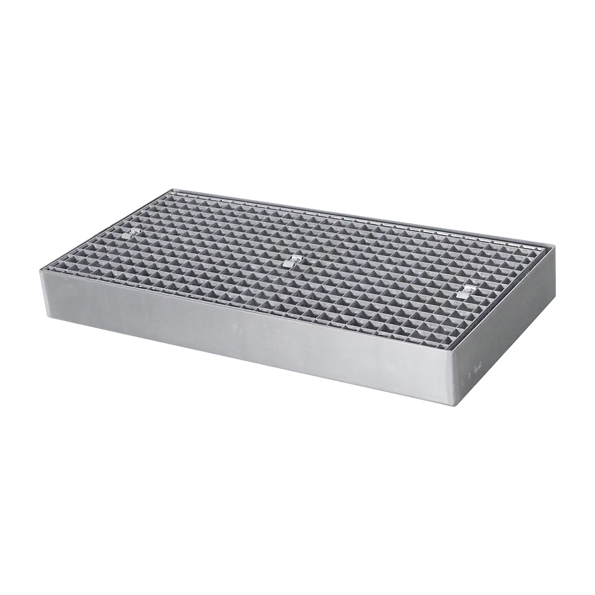Rectangular, metallic-looking collecting container with grate for liquids.