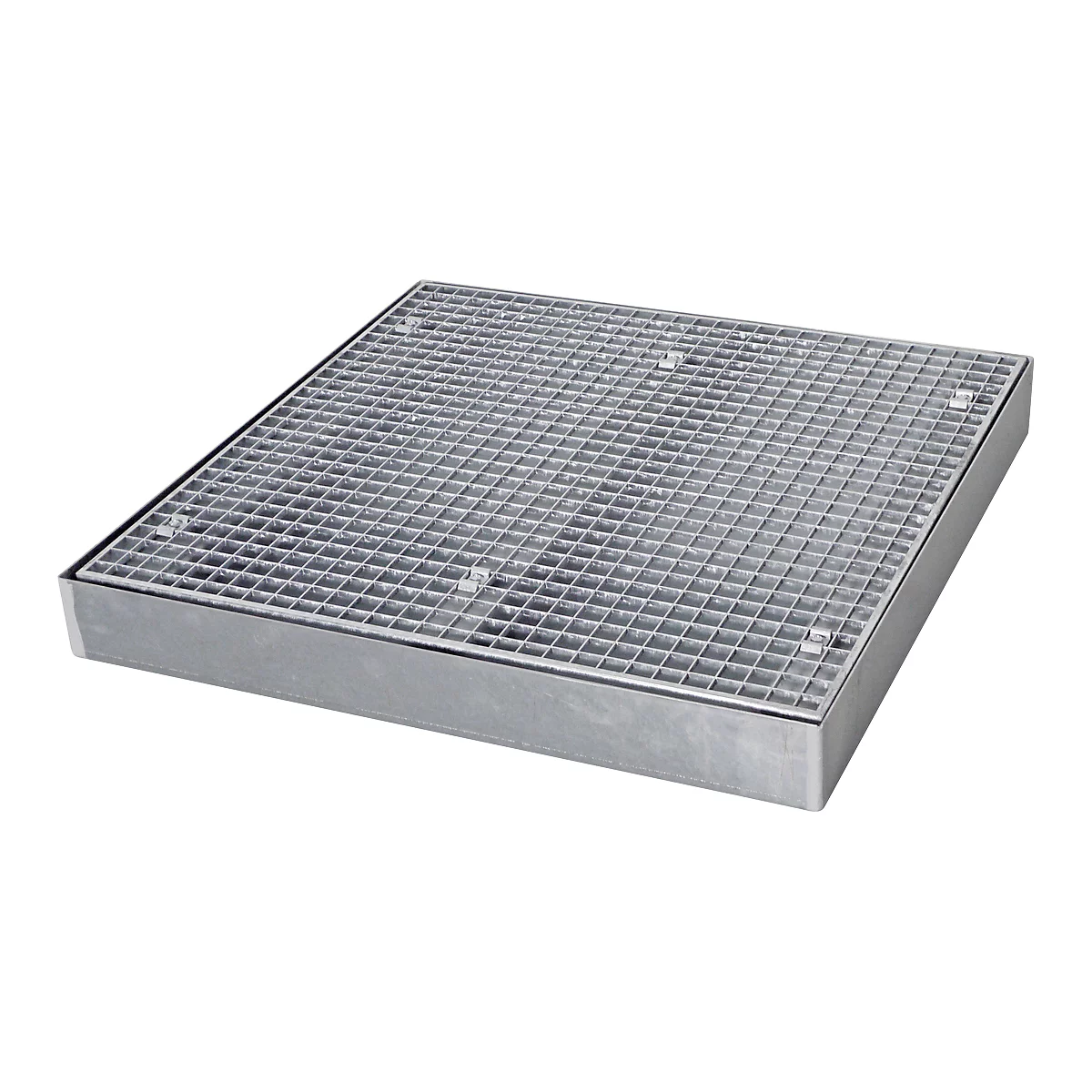 Square metal grate. Grid structure with frame. Gray color, slightly reflective.