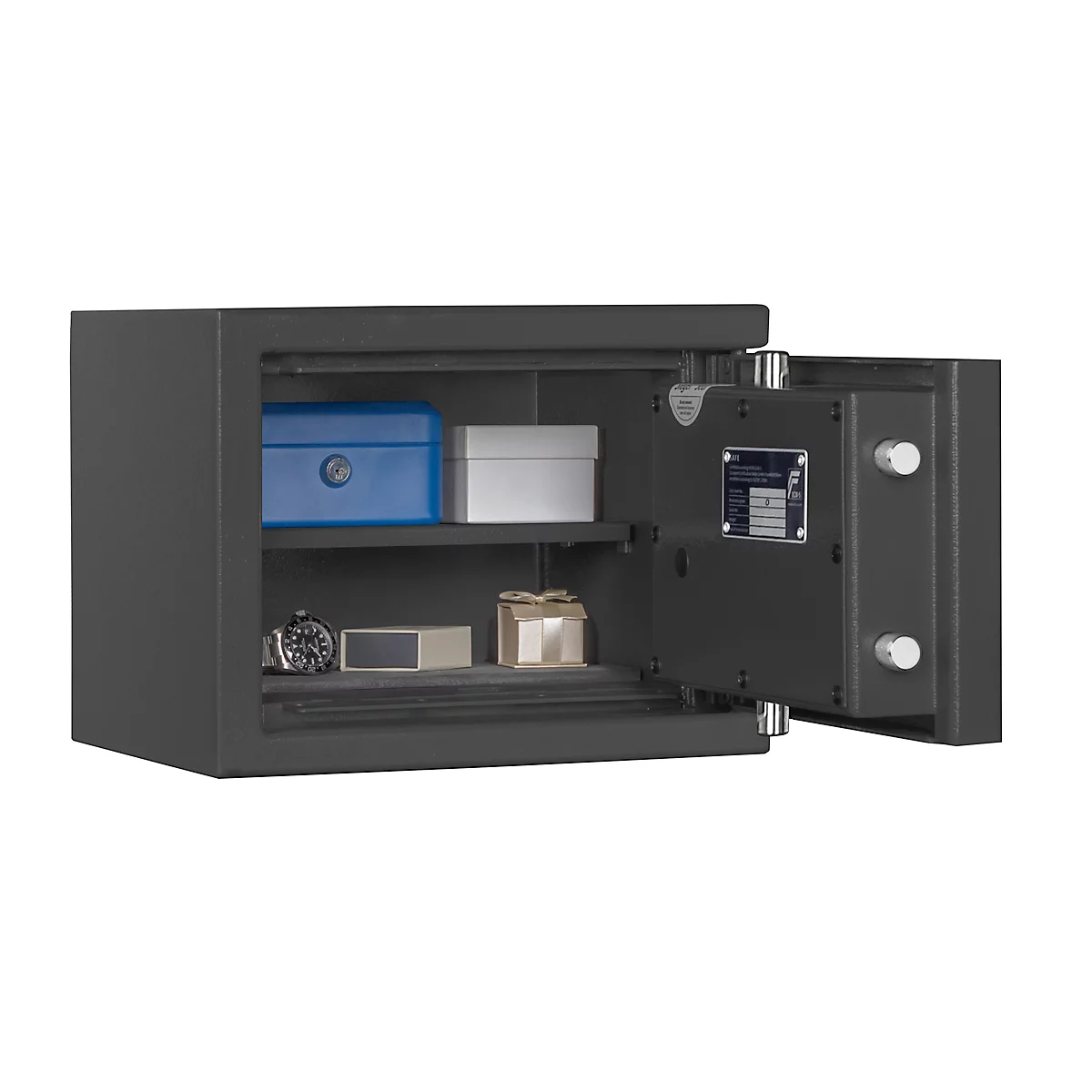 Safe Lyra 0, klasse 0 volgens EN 1143-1, 8,2 l, deur rechts draaiend, dubbelbaardsluiting, 1 legbord, B 350 x D 280 x H 270 mm, grafietgrijs RAL 7024