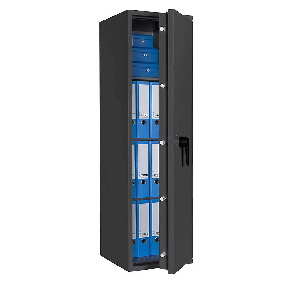 Safe Lyra 12, klasse 0 volgens EN 1143-1, 125 l, deur rechts draaiend, dubbelbaardsluiting, 3 etages, B 400 x D 420 x H 1400 mm, grafietgrijs RAL 7024