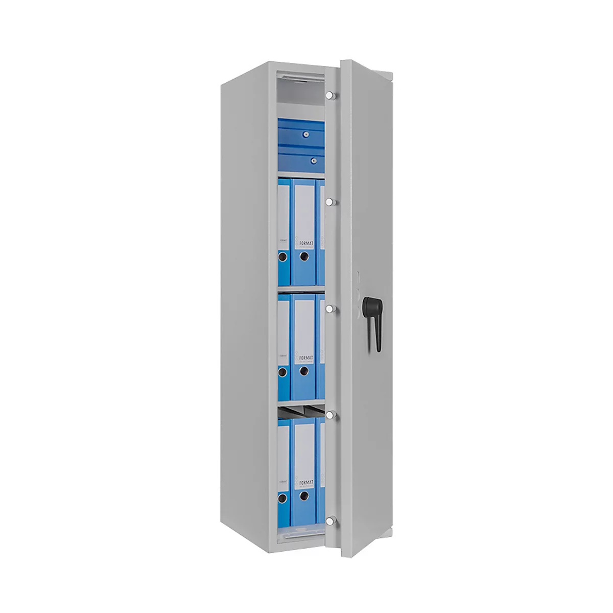 Safe Lyra 12, klasse 0 volgens EN 1143-1, 125 l, deur rechts draaiend, dubbelbaardsluiting, 3 etages, B 400 x D 420 x H 1400 mm, lichtgrijs RAL 7035