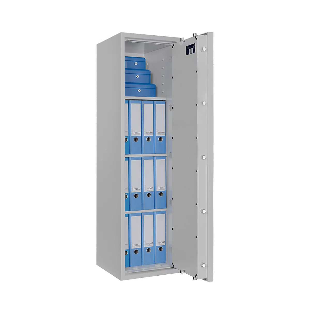 Safe Lyra 12, klasse 0 volgens EN 1143-1, 125 l, deur rechts draaiend, dubbelbaardsluiting, 3 etages, B 400 x D 420 x H 1400 mm, lichtgrijs RAL 7035