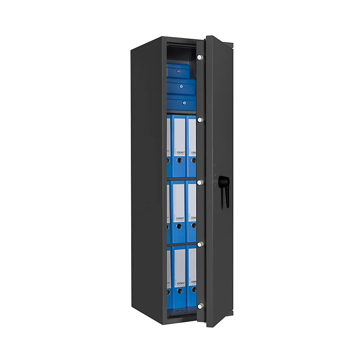 Safe Lyra 12, klasse I volgens EN 1143-1, 125 l, deur rechts draaiend, dubbelbaardsluiting, 3 etages, B 400 x D 420 x H 1400 mm, grafietgrijs RAL 7024
