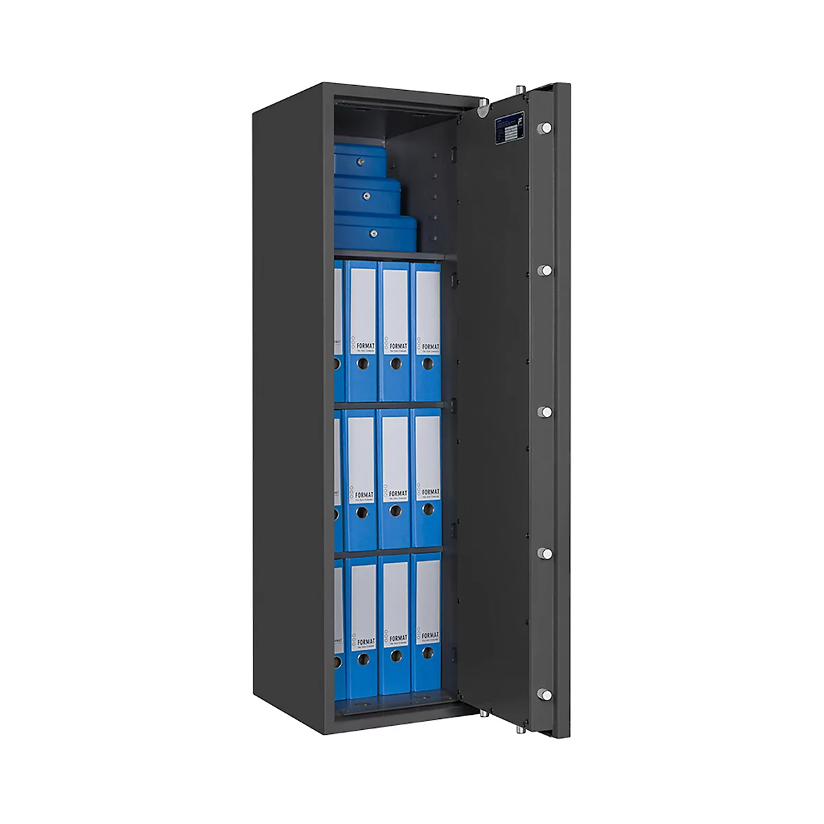 Safe Lyra 12, klasse I volgens EN 1143-1, 125 l, deur rechts draaiend, dubbelbaardsluiting, 3 etages, B 400 x D 420 x H 1400 mm, grafietgrijs RAL 7024