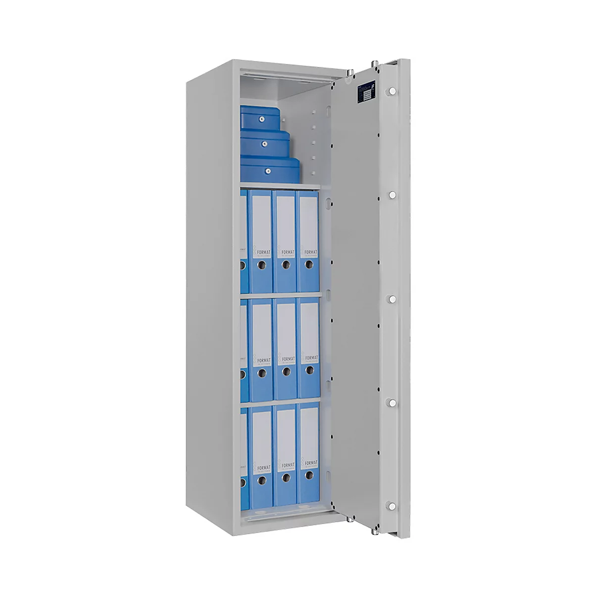 Safe Lyra 12, klasse I volgens EN 1143-1, 125 l, deur rechts draaiend, dubbelbaardsluiting, 3 etages, B 400 x D 420 x H 1400 mm, lichtgrijs RAL 7035