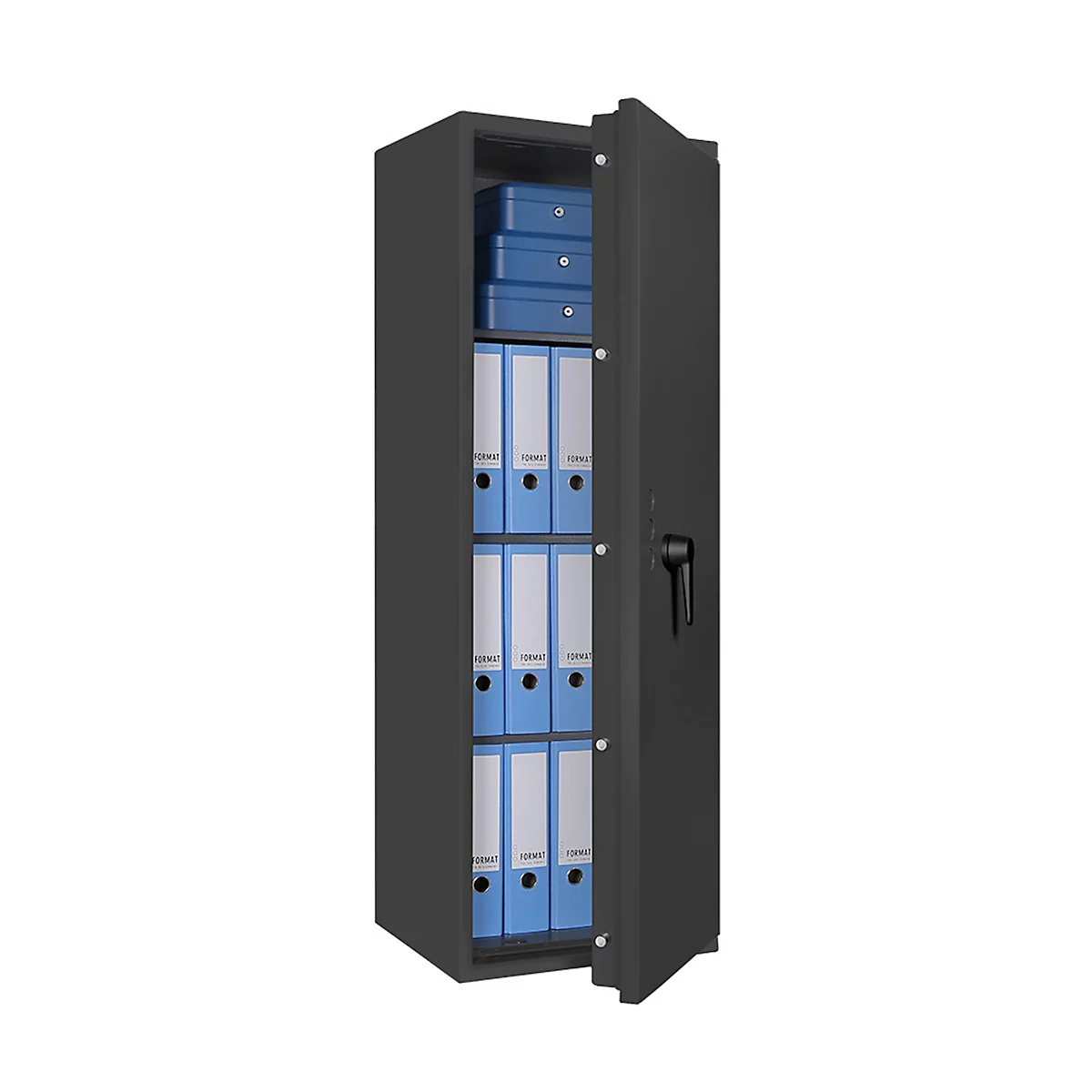 Safe Lyra 14, klasse 0 volgens EN 1143-1, 165 l, deur rechts draaiend, dubbelbaardsluiting, 3 etages, B 500 x D 420 x H 1400 mm, grafietgrijs RAL 7024
