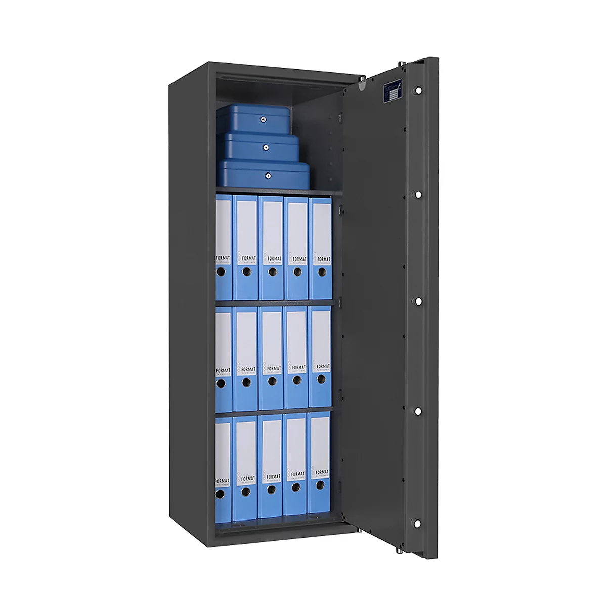 Safe Lyra 14, klasse 0 volgens EN 1143-1, 165 l, deur rechts draaiend, dubbelbaardsluiting, 3 etages, B 500 x D 420 x H 1400 mm, grafietgrijs RAL 7024