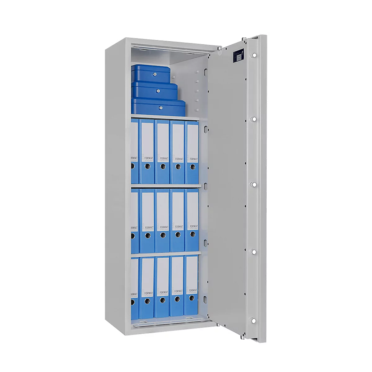 Safe Lyra 14, klasse 0 volgens EN 1143-1, 165 l, deur rechts draaiend, dubbelbaardsluiting, 3 etages, B 500 x D 420 x H 1400 mm, lichtgrijs RAL 7035