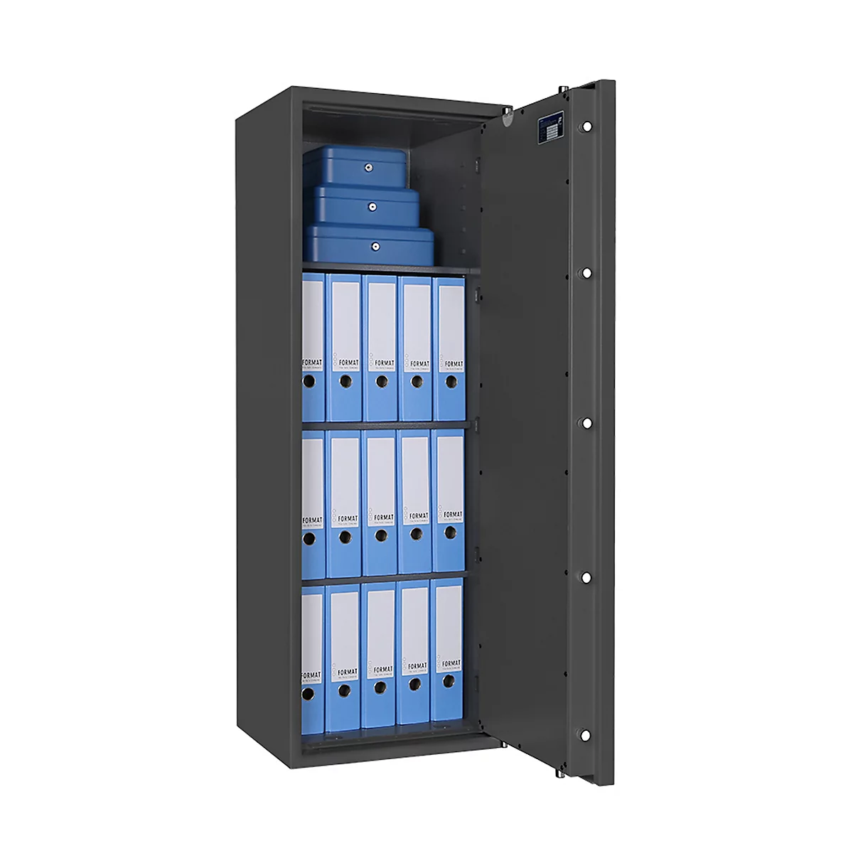 Safe Lyra 14, klasse I volgens EN 1143-1, 165 l, deur rechts draaiend, dubbelbaardsluiting, 3 etages, B 500 x D 420 x H 1400 mm, grafietgrijs RAL 7024