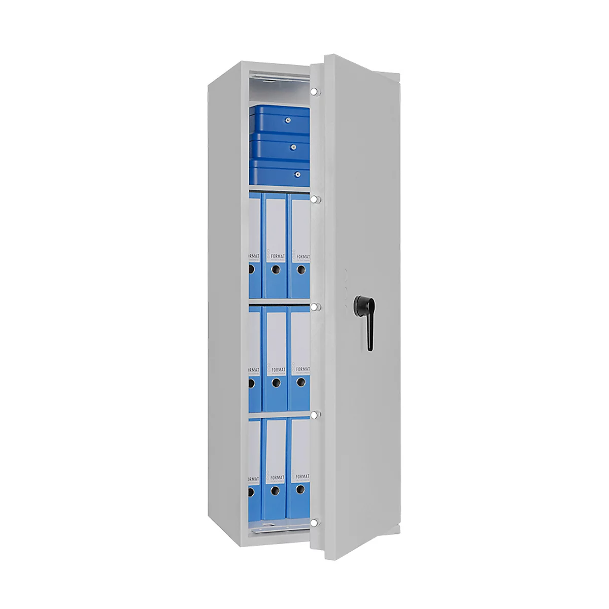 Safe Lyra 14, klasse I volgens EN 1143-1, 165 l, deur rechts draaiend, dubbelbaardsluiting, 3 etages, B 500 x D 420 x H 1400 mm, lichtgrijs RAL 7035