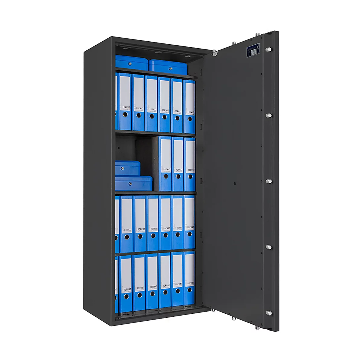 Safe Lyra 16, klasse I volgens EN 1143-1, 252 l, deur rechts draaiend, dubbelbaard slot, 4 legborden, B 650 x D 420 x H 1550 mm, grafietgrijs RAL 7024
