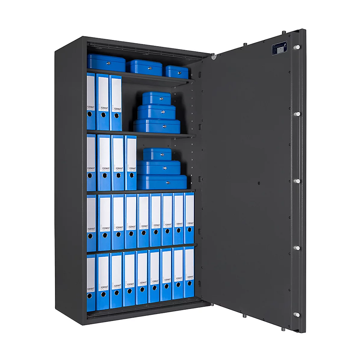 Safe Lyra 18, klasse 0 volgens EN 1143-1, 341 l, deur rechts draaiend, dubbelbaardsluiting, 4 etages, B 850 x D 420 x H 1550 mm, grafietgrijs RAL 7024
