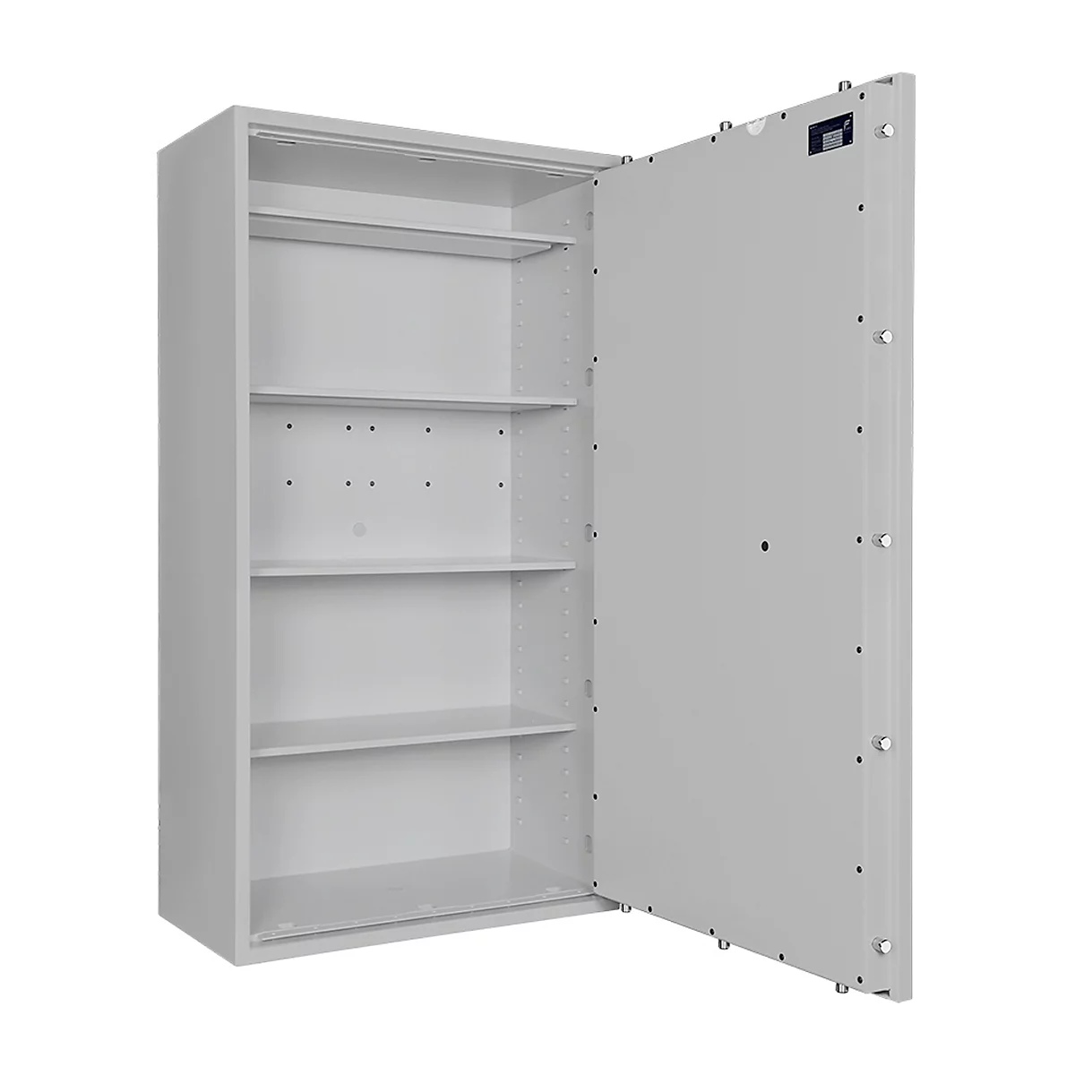 Safe Lyra 18, klasse 0 volgens EN 1143-1, 341 l, deur rechts draaiend, dubbelbaardsluiting, 4 etages, B 850 x D 420 x H 1550 mm, lichtgrijs RAL 7035
