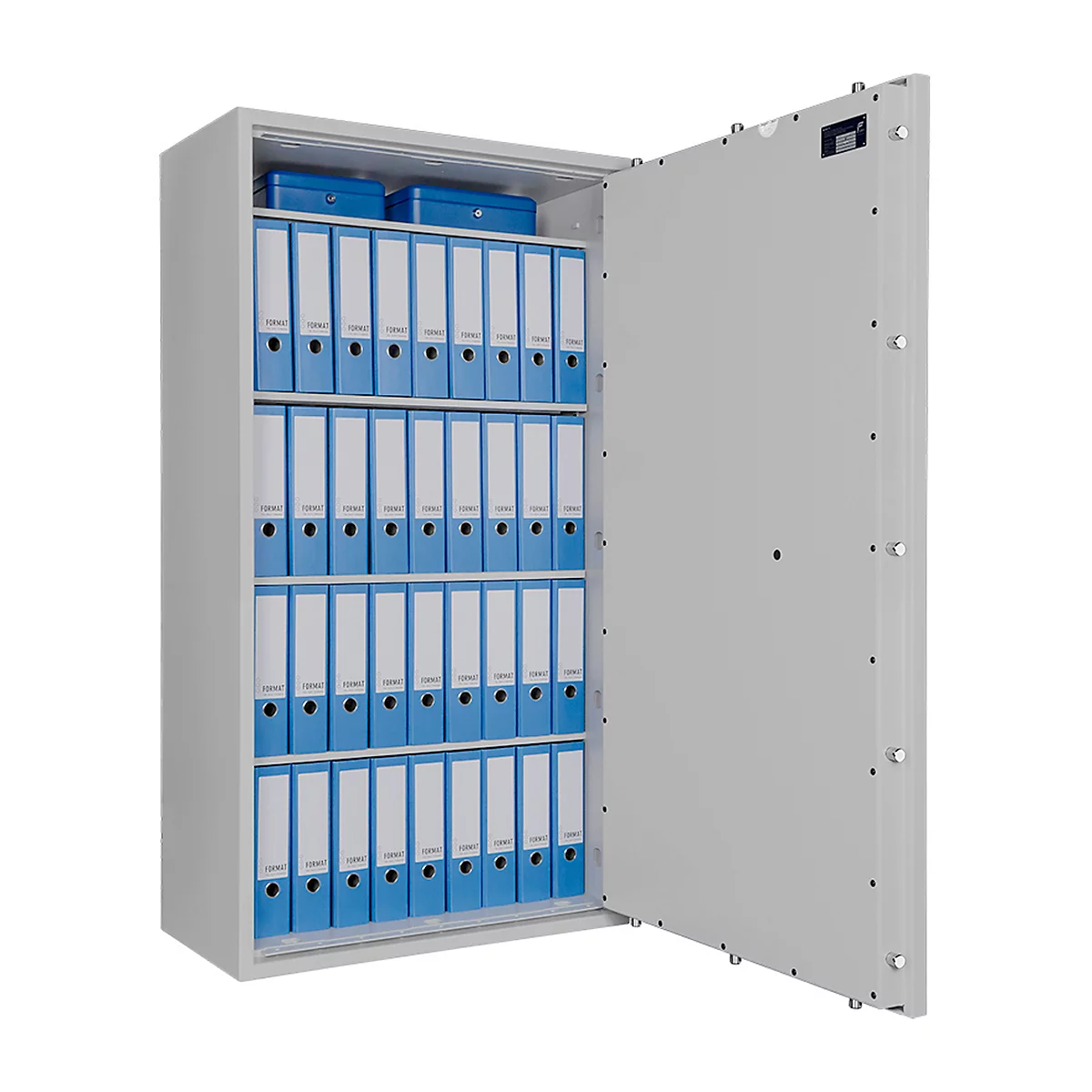 Safe Lyra 18, klasse 0 volgens EN 1143-1, 341 l, deur rechts draaiend, dubbelbaardsluiting, 4 etages, B 850 x D 420 x H 1550 mm, lichtgrijs RAL 7035