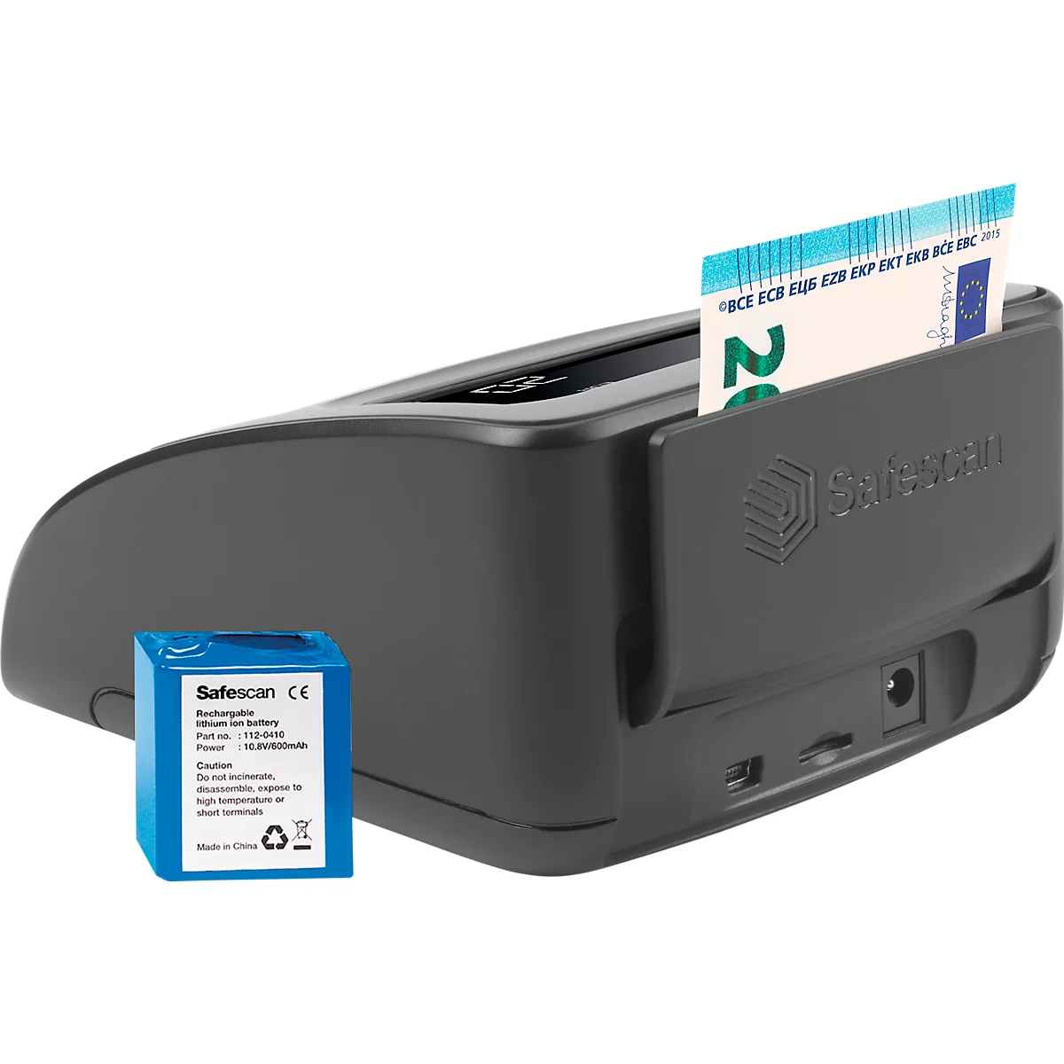 Safescan® 155-S biljettenvalidator, centraal door banken getest, 6 valuta's, 7 beveiligingsfuncties, optelfunctie, 3,8″ LC-display, USB/MicroSD, incl. oplaadbare batterij.