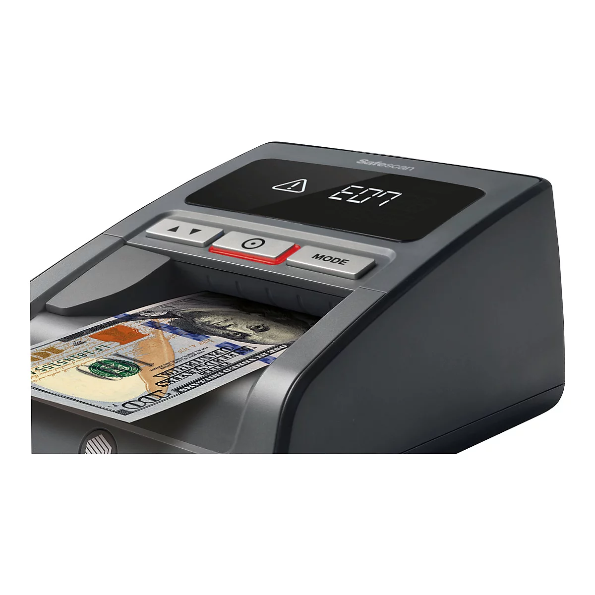 Safescan Banknotenprüfer zeigt Fehlermeldung E07 bei einem eingelegten 100-Dollar-Schein.