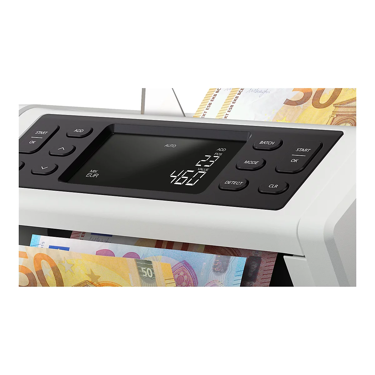 Nahaufnahme einer Banknotenzählmaschine mit Display, das den Wert 460 Euro anzeigt, während Geldscheine hindurchlaufen.