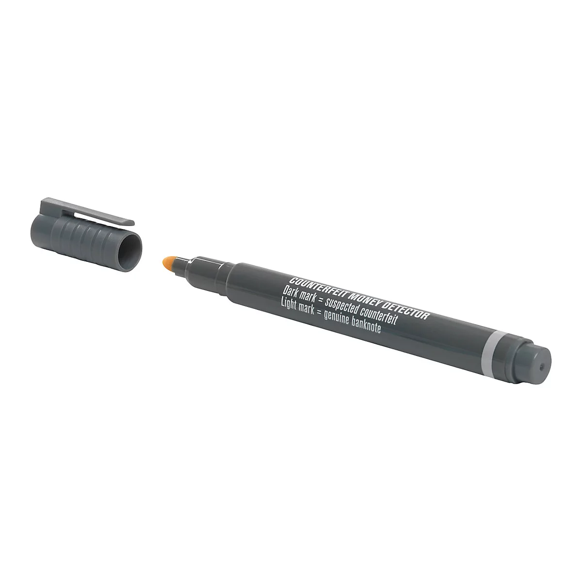 Ein grauer Geldscheinprüfstift, dessen Kappe geöffnet ist. Auf dem Stift steht "COUNTERFEIT MONEY DETECTOR".