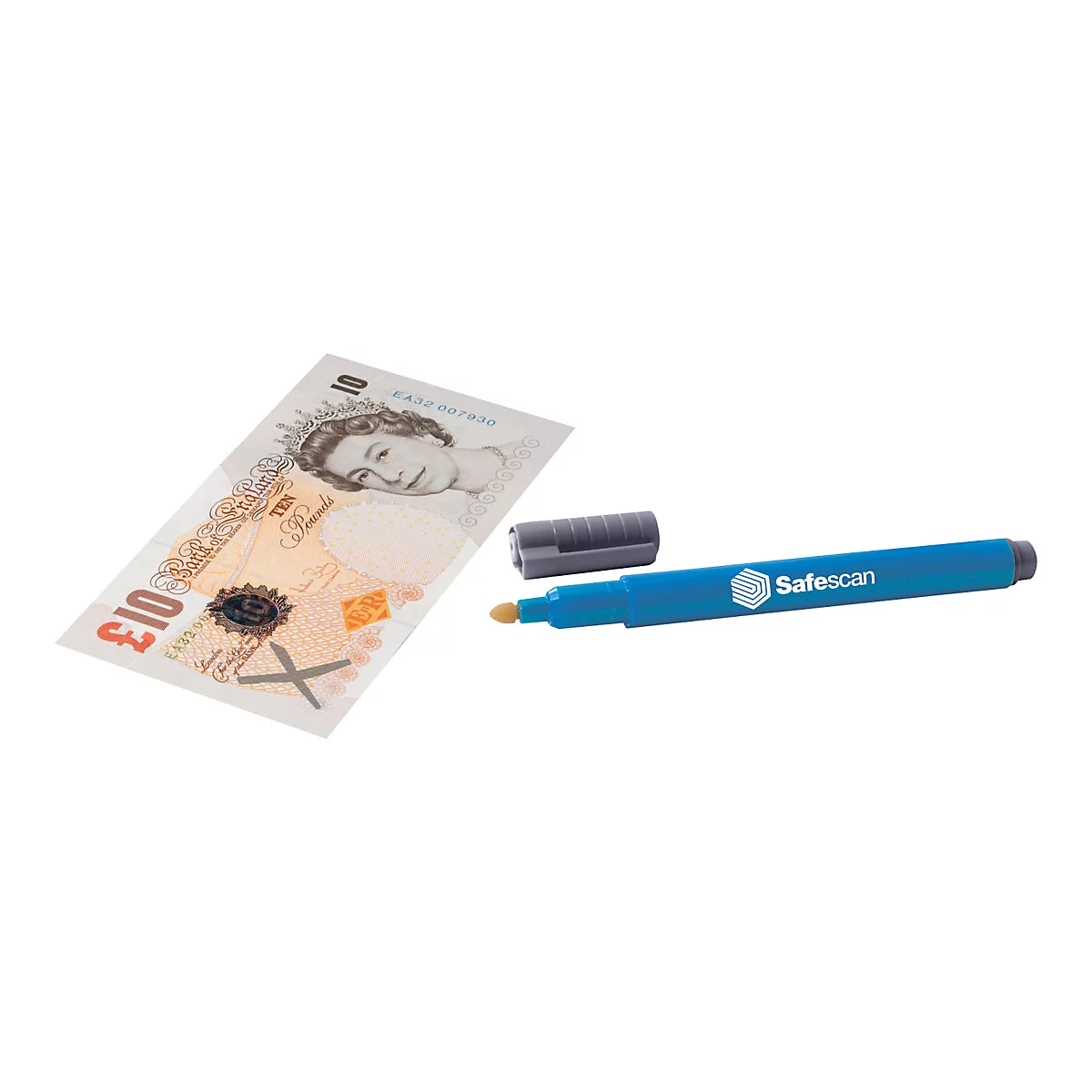 Ein blaues Safescan-Stift liegt neben einer 10-Pfund-Note. Der Stift hat eine graue Kappe und eine gelbe Spitze.