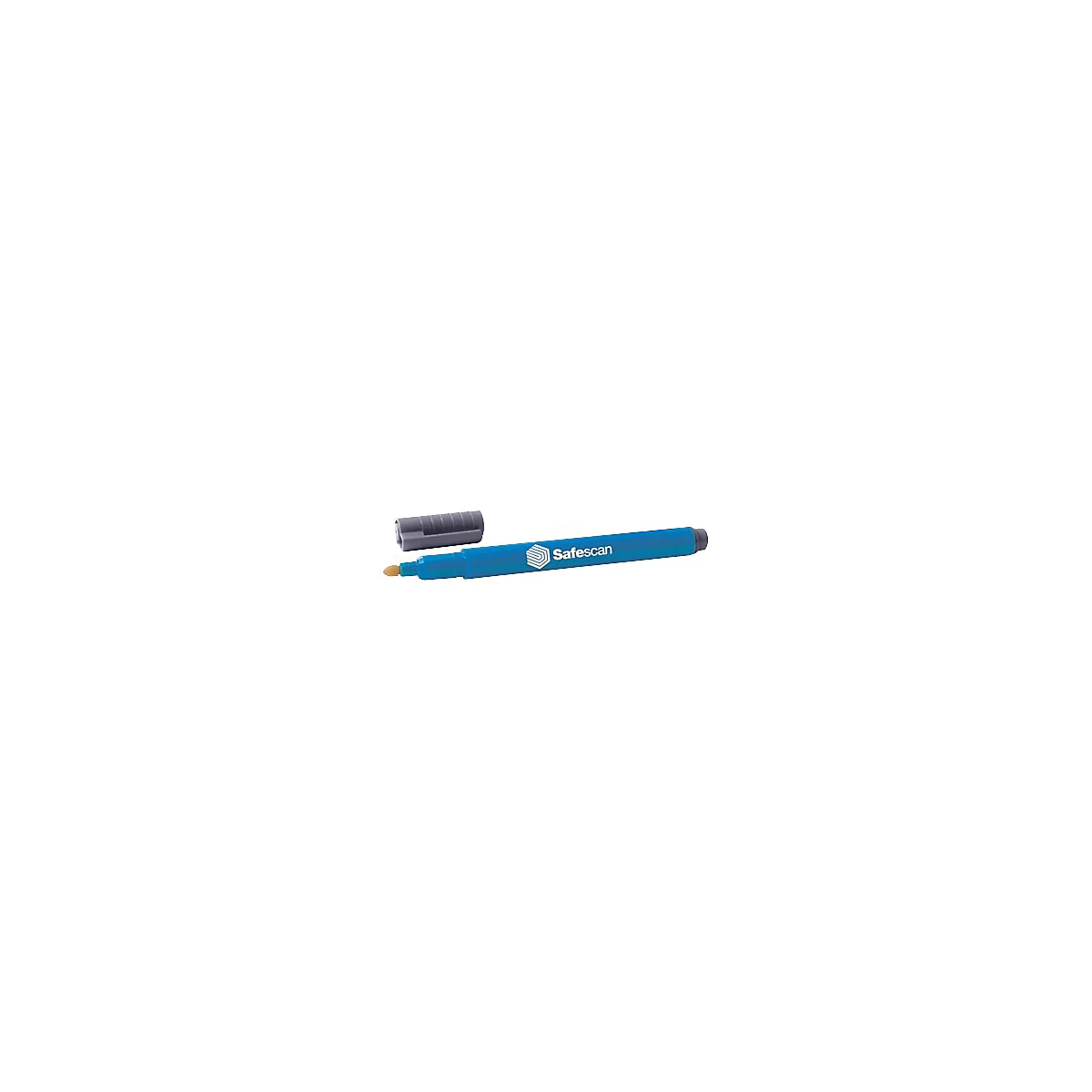 Blauer Safescan-Stift mit grauem Deckel. Der Stift hat eine runde Form und den Safescan-Schriftzug.