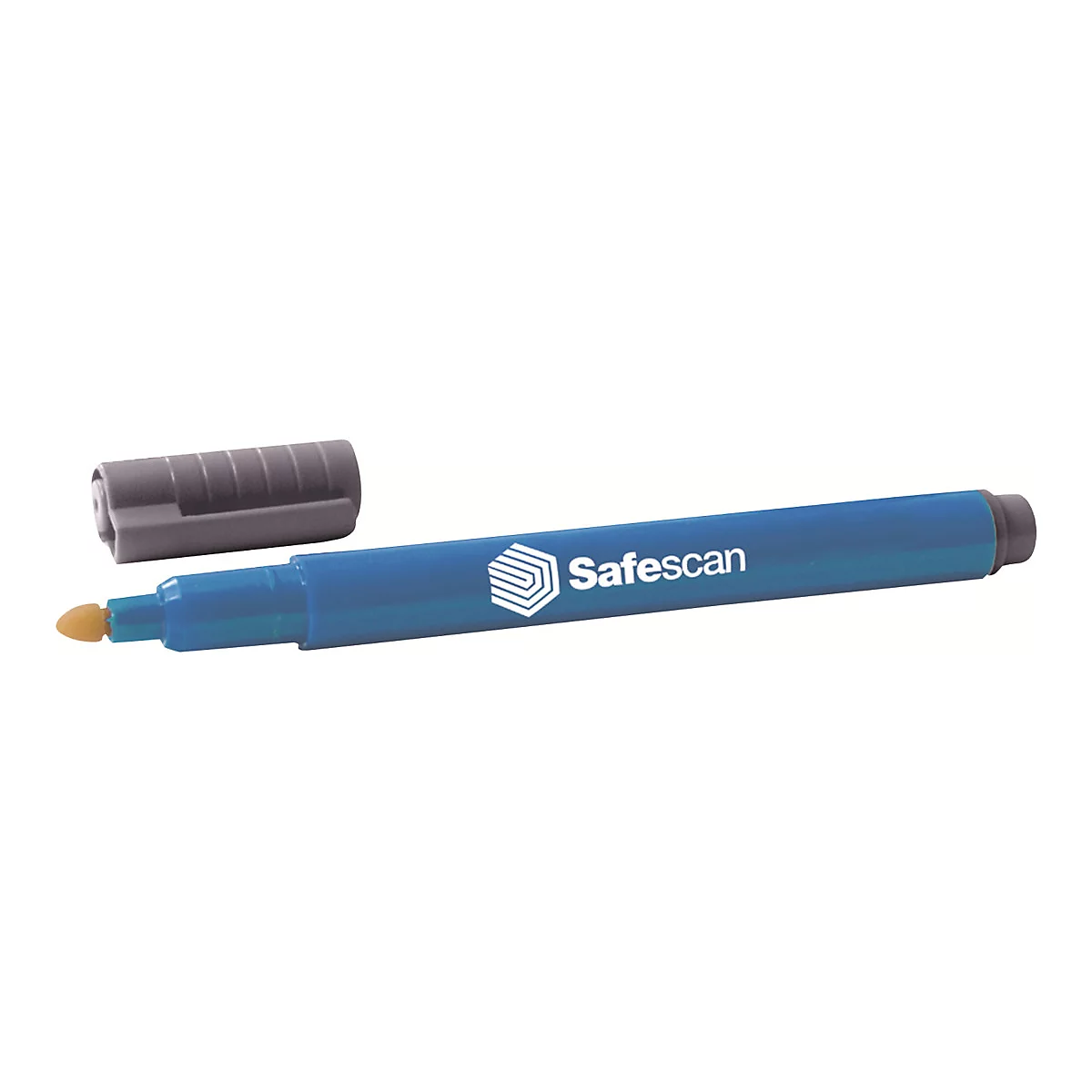 Ein blauer Safescan-Marker mit geöffneter grauer Kappe. Der Marker ist leicht geneigt, der Stift zeigt nach links.