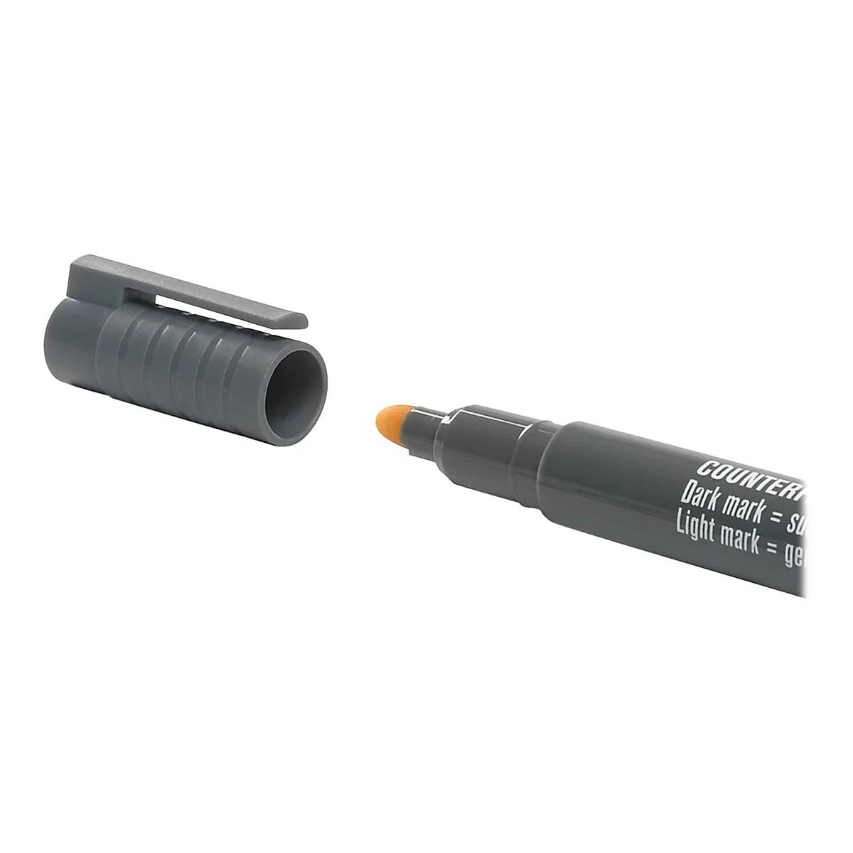 Grauer Textmarker mit offener Kappe. Die Stiftspitze ist orange.