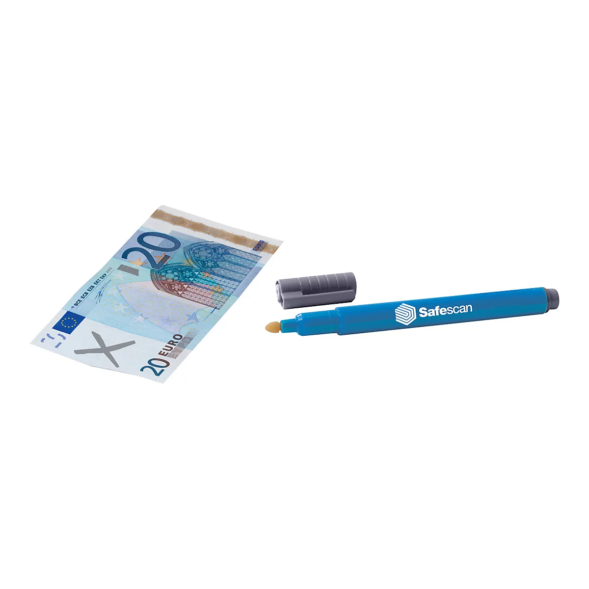 Blauer Safescan-Falschgeldmarker neben einem 20-Euro-Schein mit einer grauen Markierung auf hellem Grund.