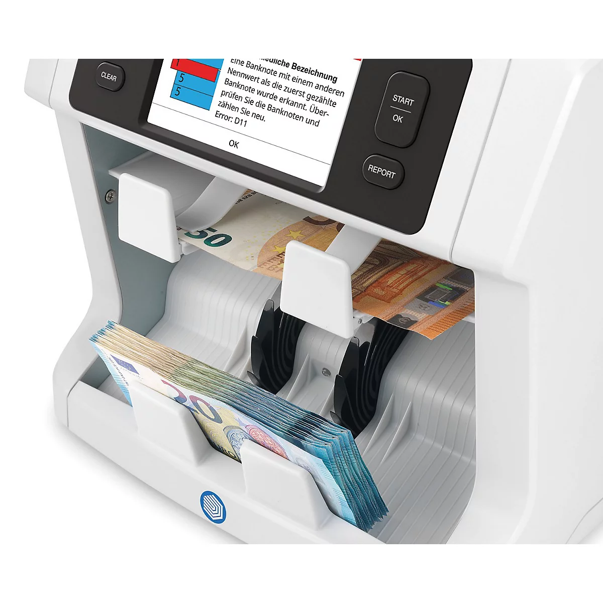 Biljettencontrole machine met eurobiljetten en een scherm met tekst. Naast de machine symbolen voor detectietechnologieën.