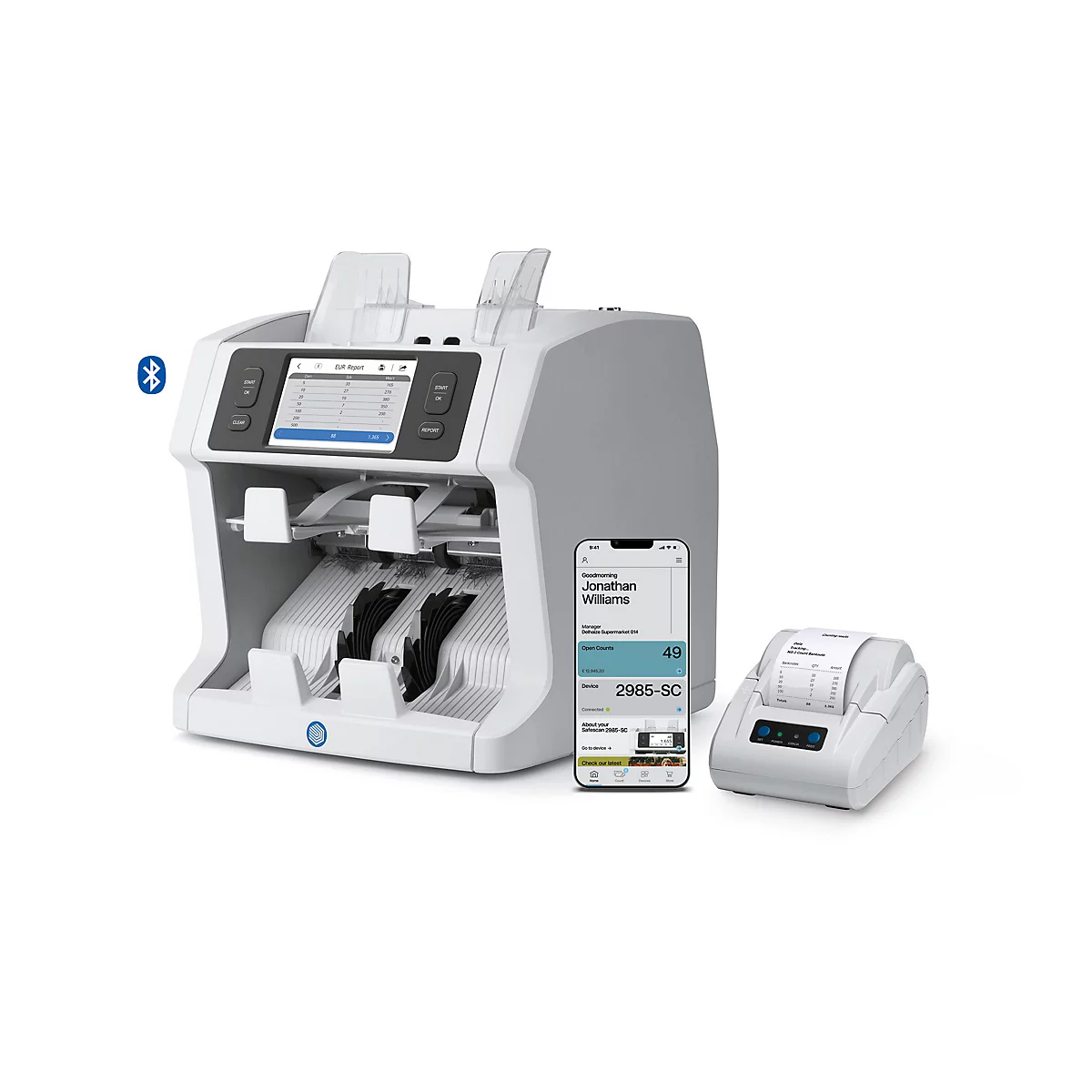 Biljetten telmachine met smartphone en printer. Het apparaat heeft een display en papieruitvoer.