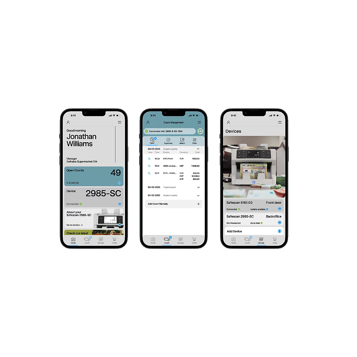 Drie smartphones met appweergaven: contacten, takenlijst en een printer. Verschillende functies met blauwe elementen.