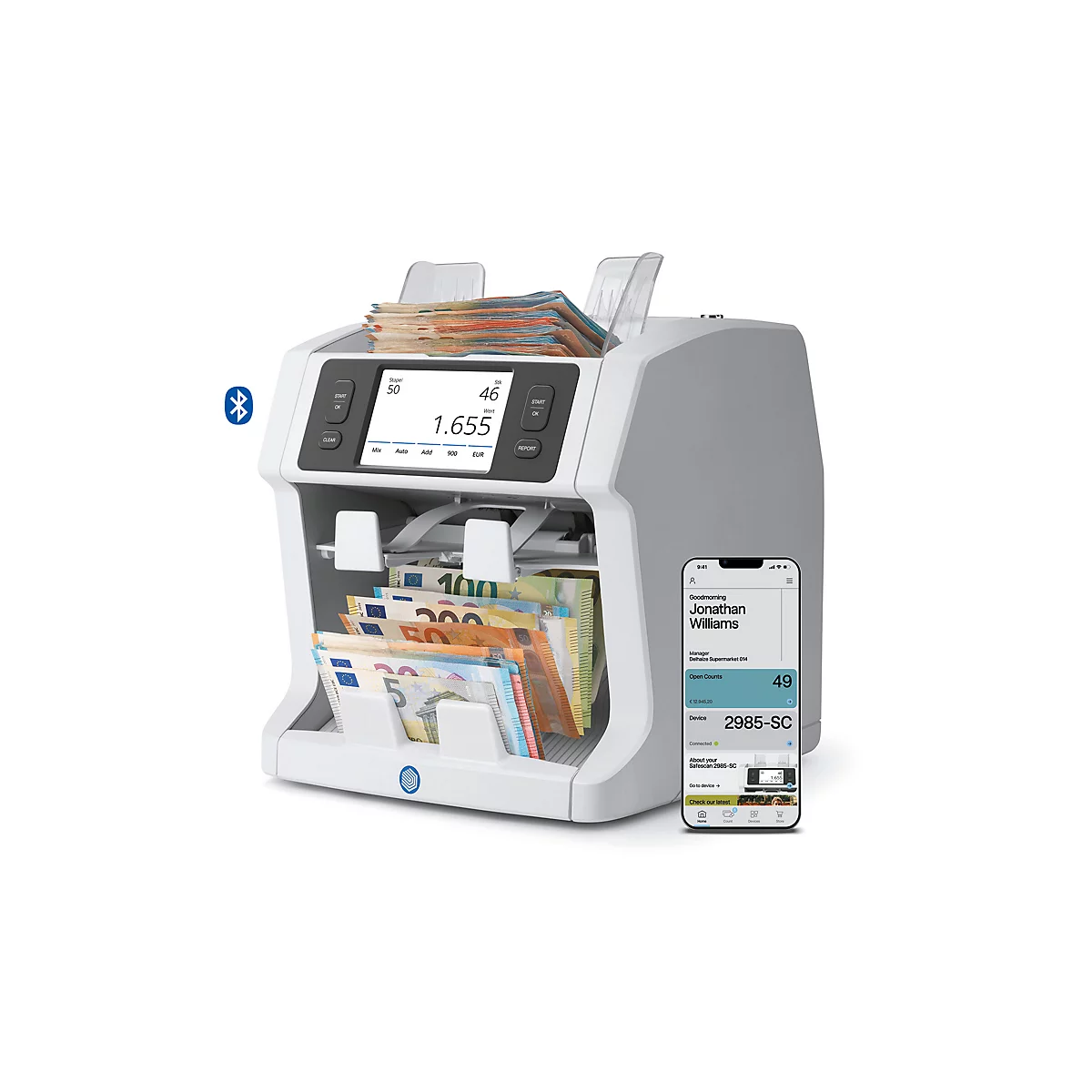 Safescan Banknotenwertzähler & -Sortierer 2985-SC, Doppel-CIS, bis 1200 Banknoten/Min., 64 Währungen, Bluetooth/App, B 271 x T 300 x H 293 mm, lichtgrau