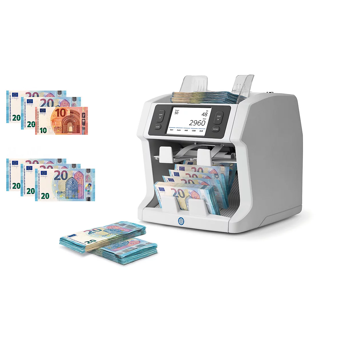 Geldschein-Zählmaschine und Euro-Banknoten. Maschine zeigt 2960 an. Geldscheine: 10er und 20er. Stapel daneben.