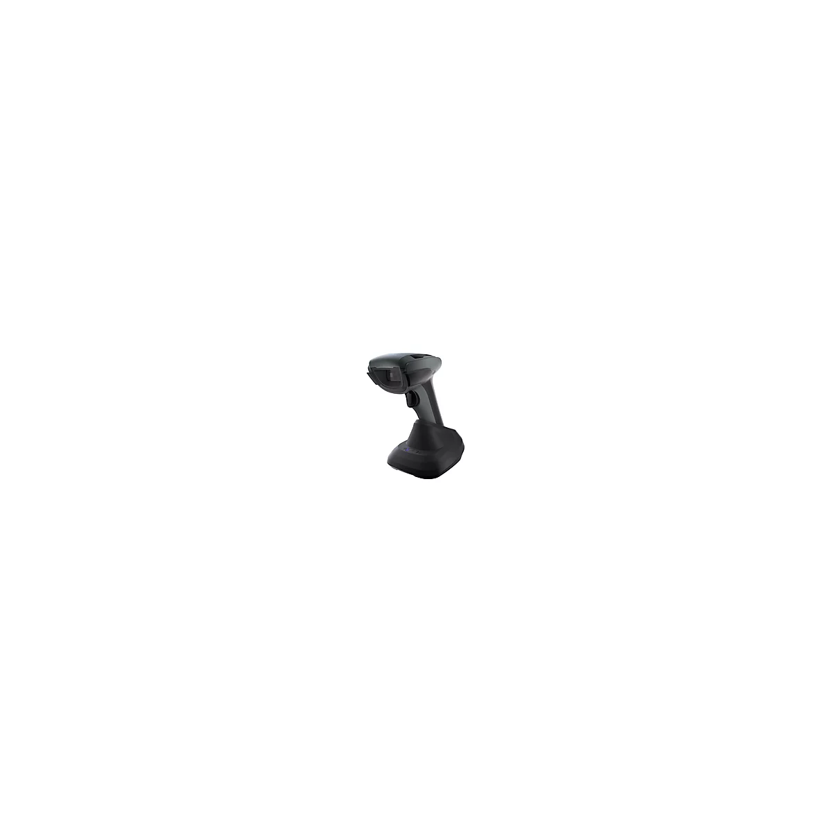 Drahtloser Barcode-Scanner in Schwarz-Grau in Ladestation, Detailansicht.