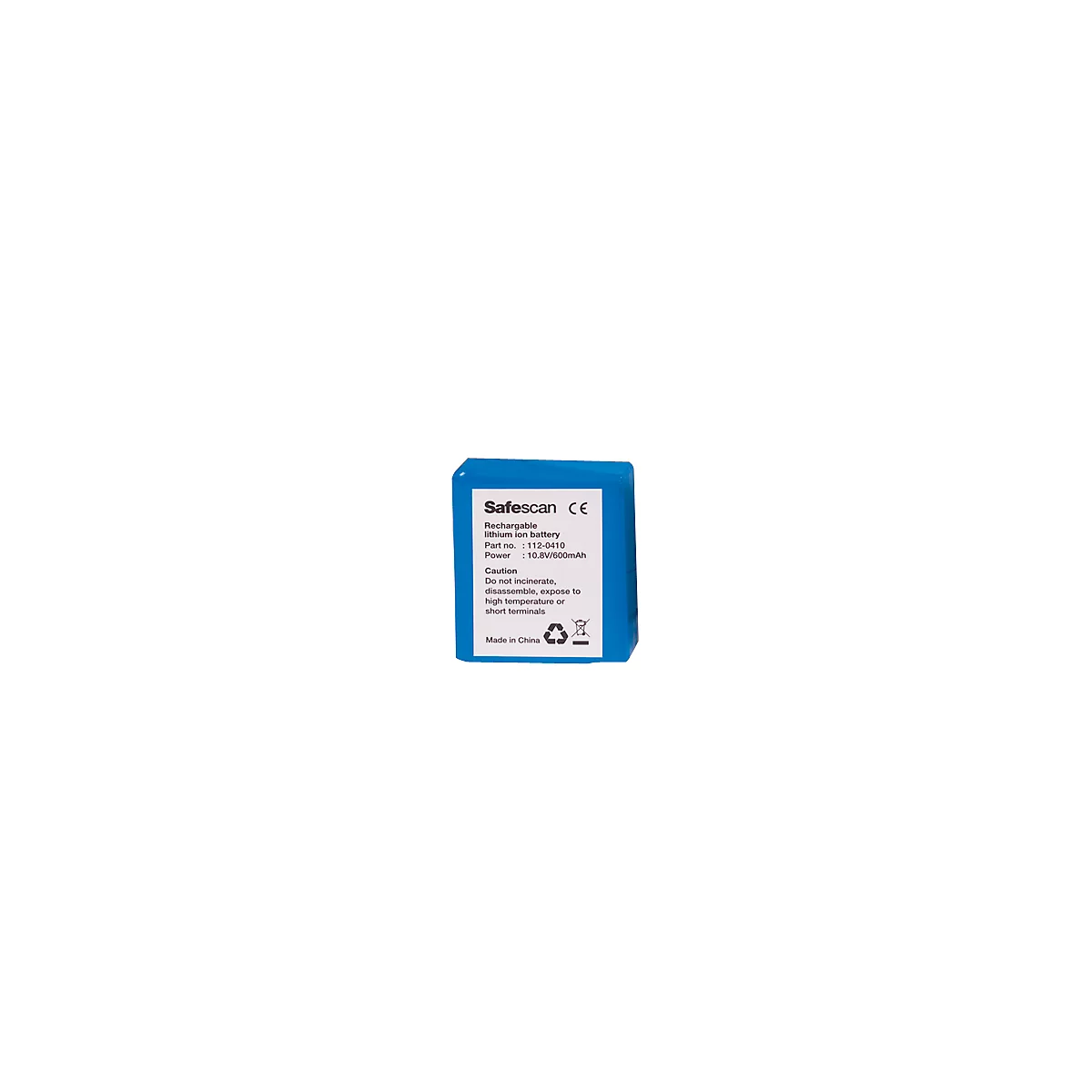 Blue battery with white label, "Safescan" and technical specifications. Cautionary notes and country of origin "Made in China".