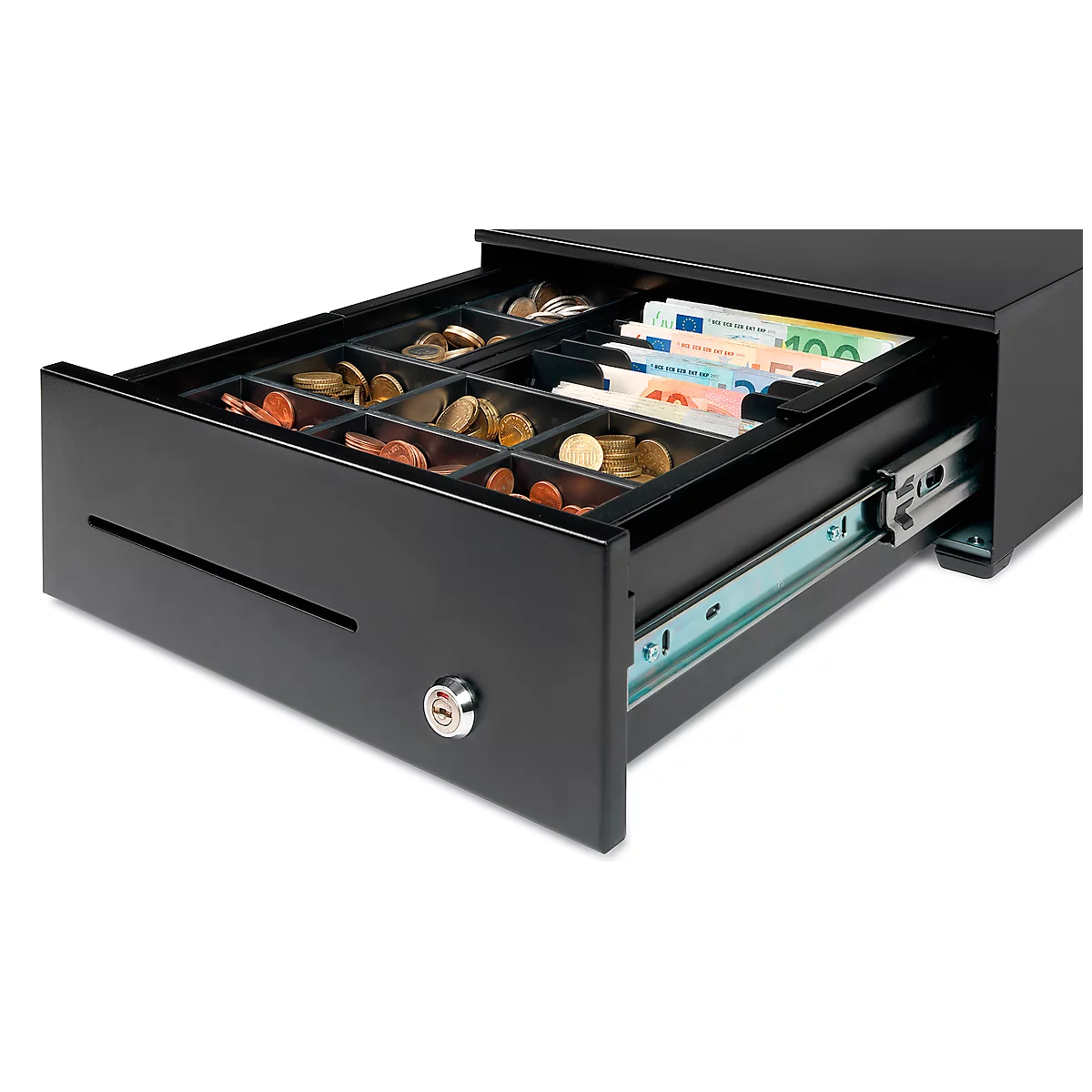 Open black cash register drawer with coins, banknotes and lock.